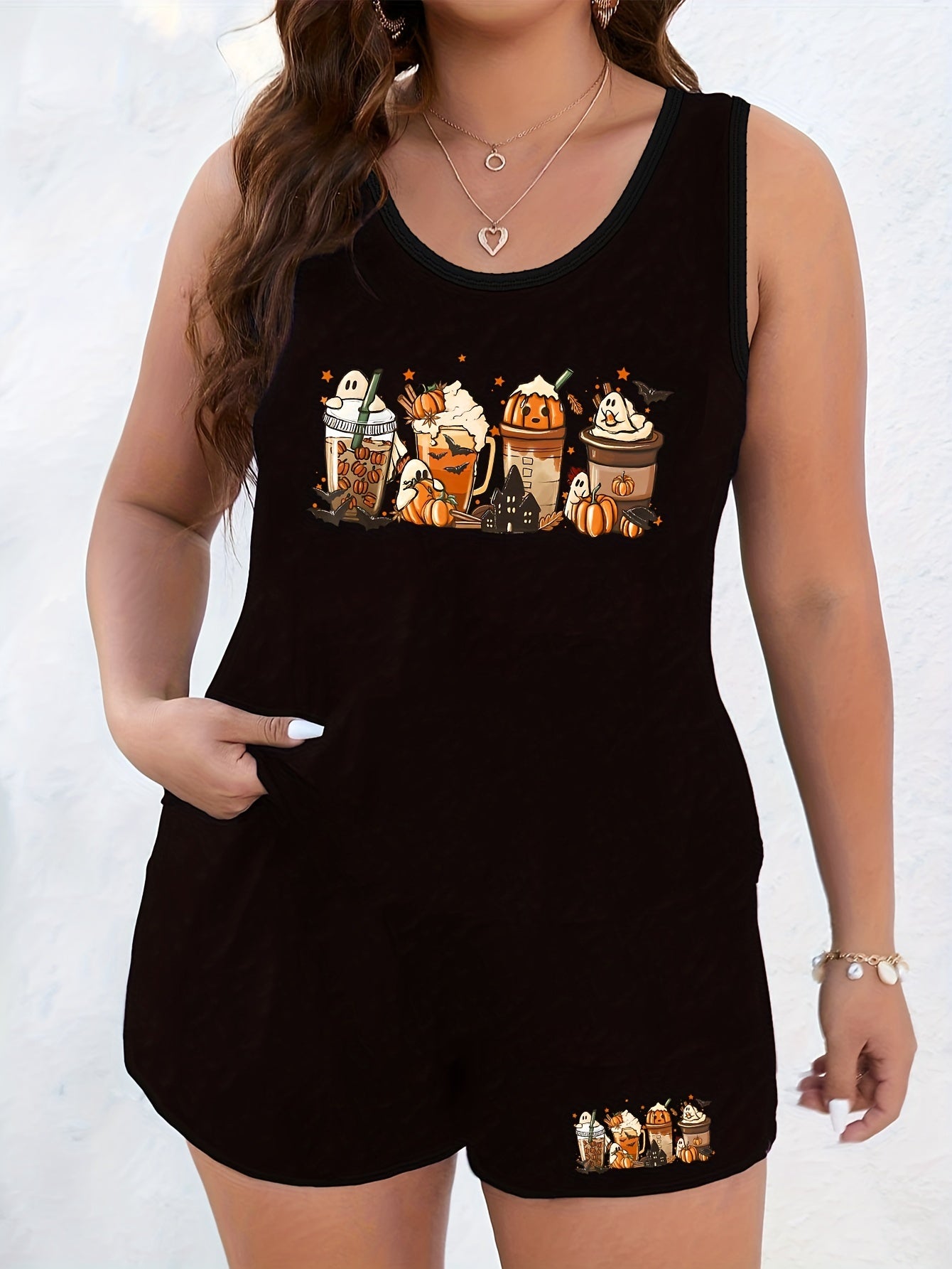 Ghost & Pumpkin Drinks Print Loungewear Set