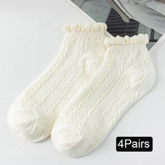 4 Pairs Floral Trim Ankle Socks Textured Causual Women's Stocking