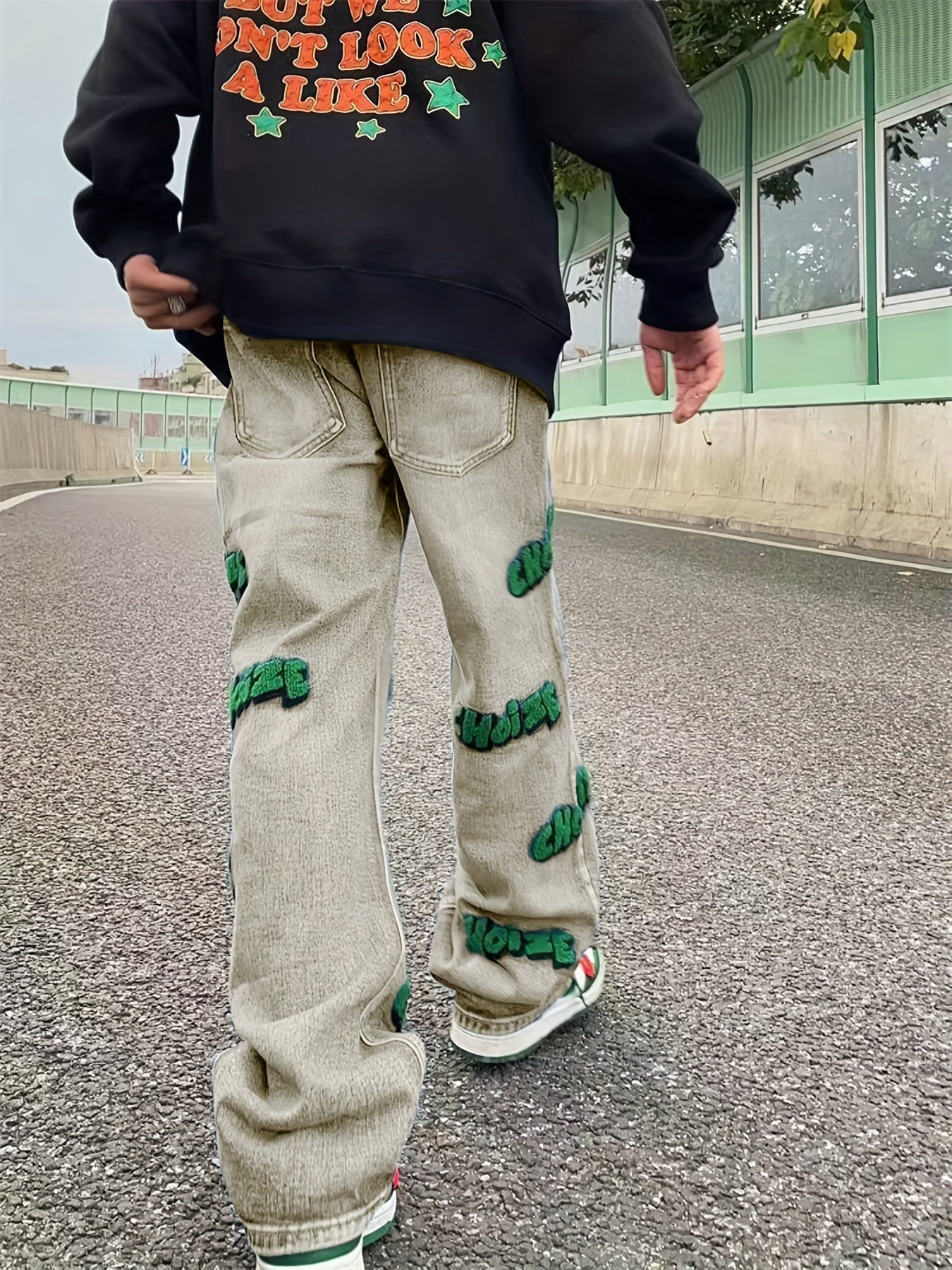 Embroidered Jeans Loose Fit Towel Embroidery Men's Denim Pants