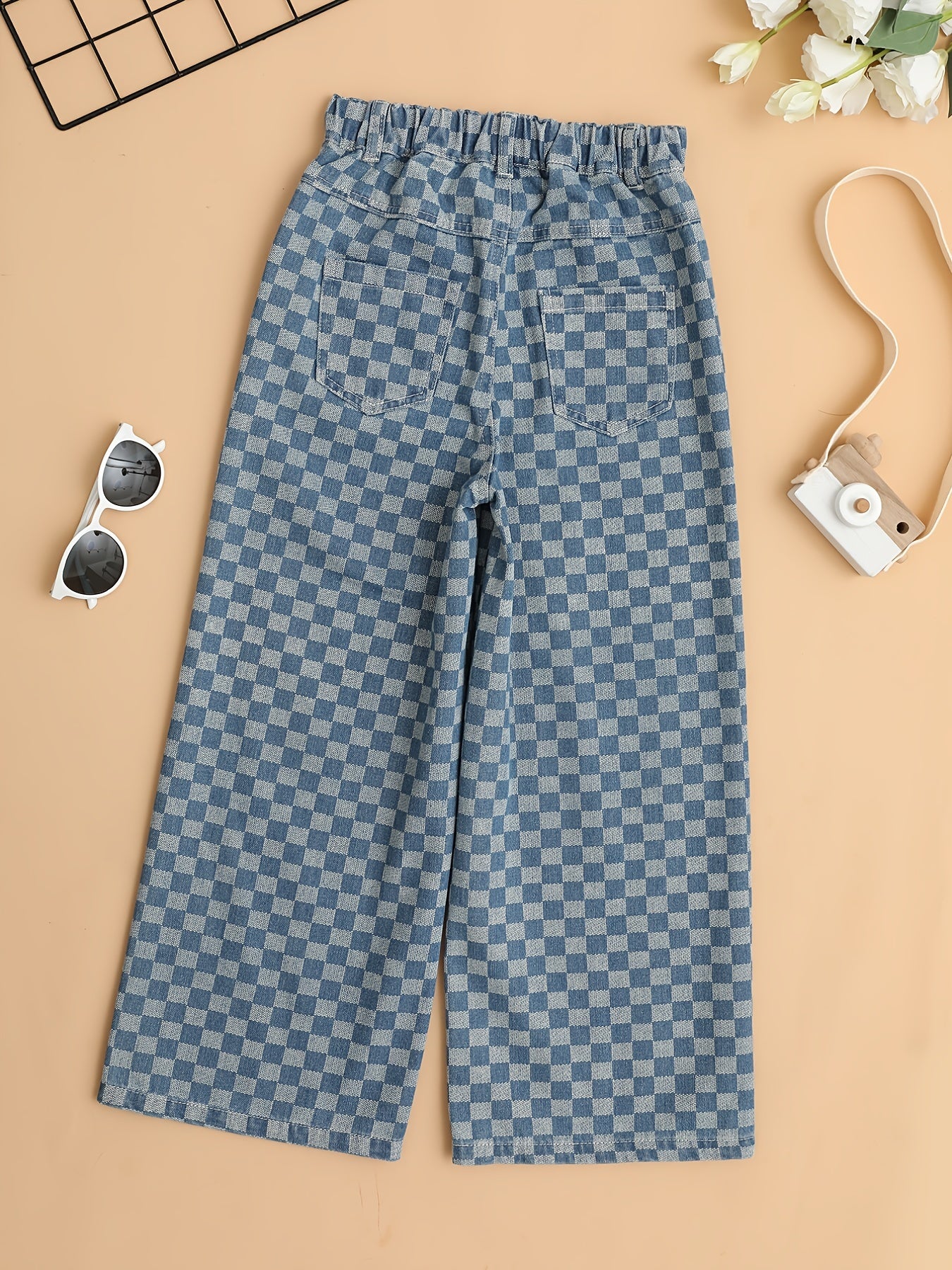 Kid Girls Plaid Elastic High Waist Jeans Straight Wide Leg Loose Denim Pants