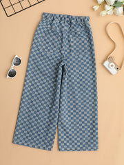 Kid Girls Plaid Elastic High Waist Jeans Straight Wide Leg Loose Denim Pants