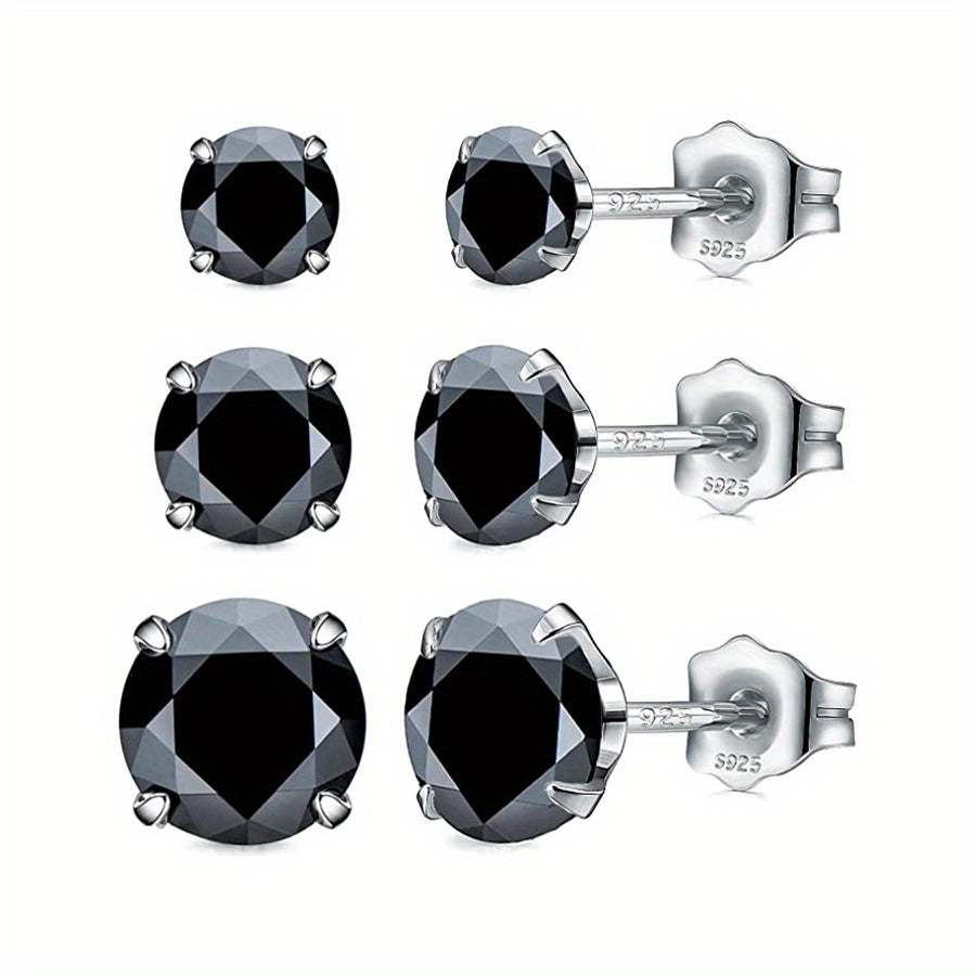 3pcs 925 Silver Stud Earrings Set For Women 4mm 5mm 6mm Gift
