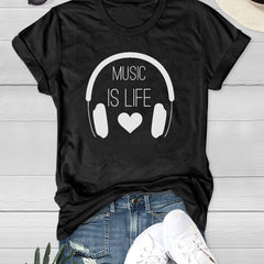 Music Earphone Graphic Women's T-shirt Short Sleeve Crew Neck Summer Sports Tee