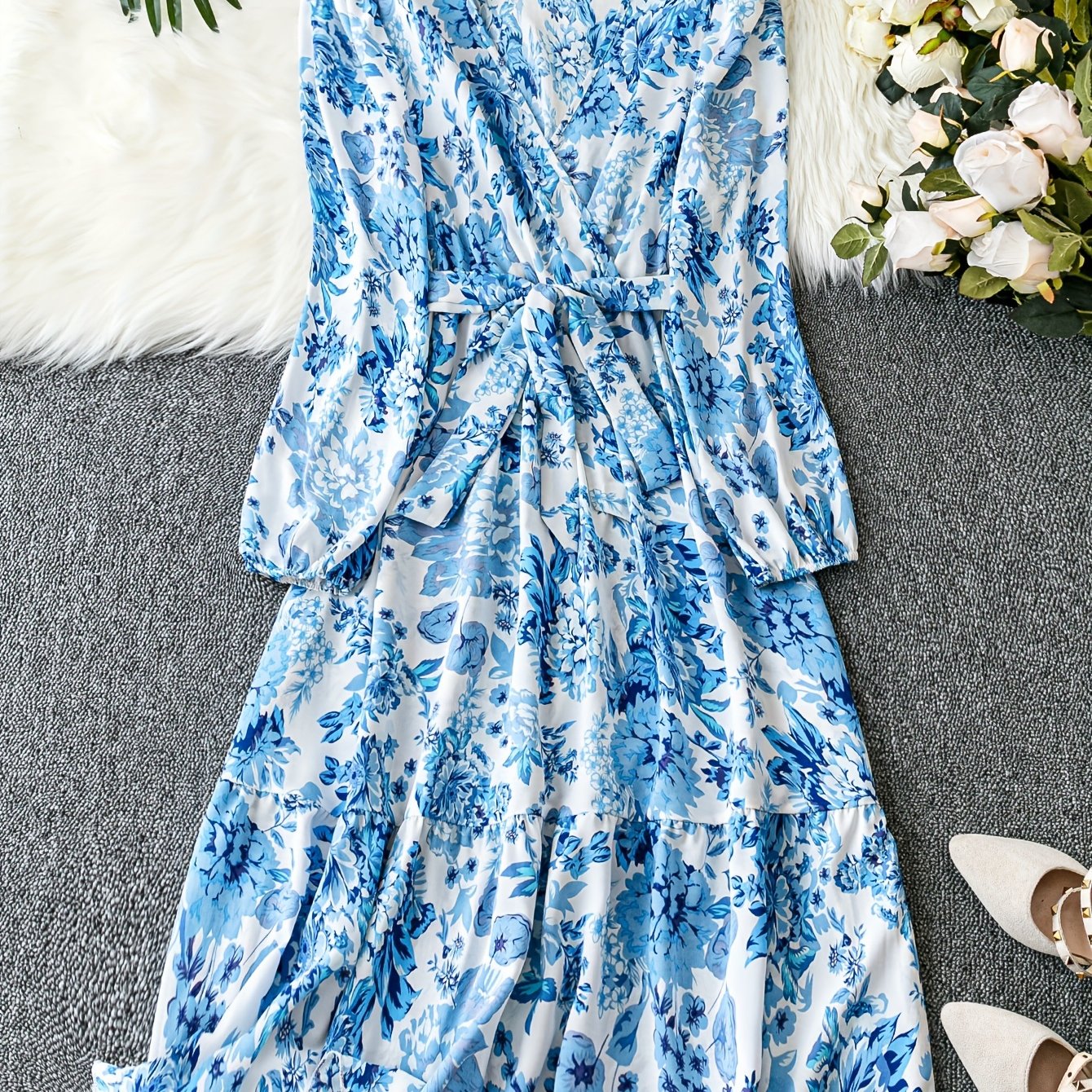 Floral Print Lantern Sleeve Smock Maxi Dress With Belt