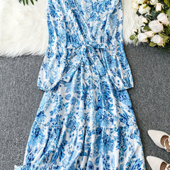 Floral Print Lantern Sleeve Smock Maxi Dress With Belt