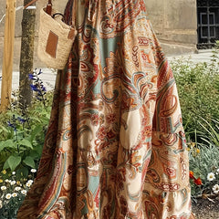 Boho Maxi Skirt Paisley Floral Print Drawstring Elastic High Rise