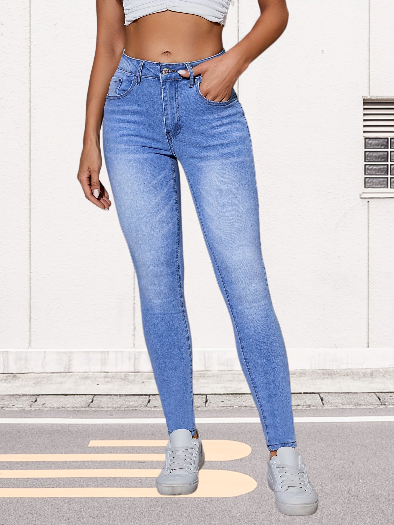 High Waist Slash Pocket Skinny Denim Jeans