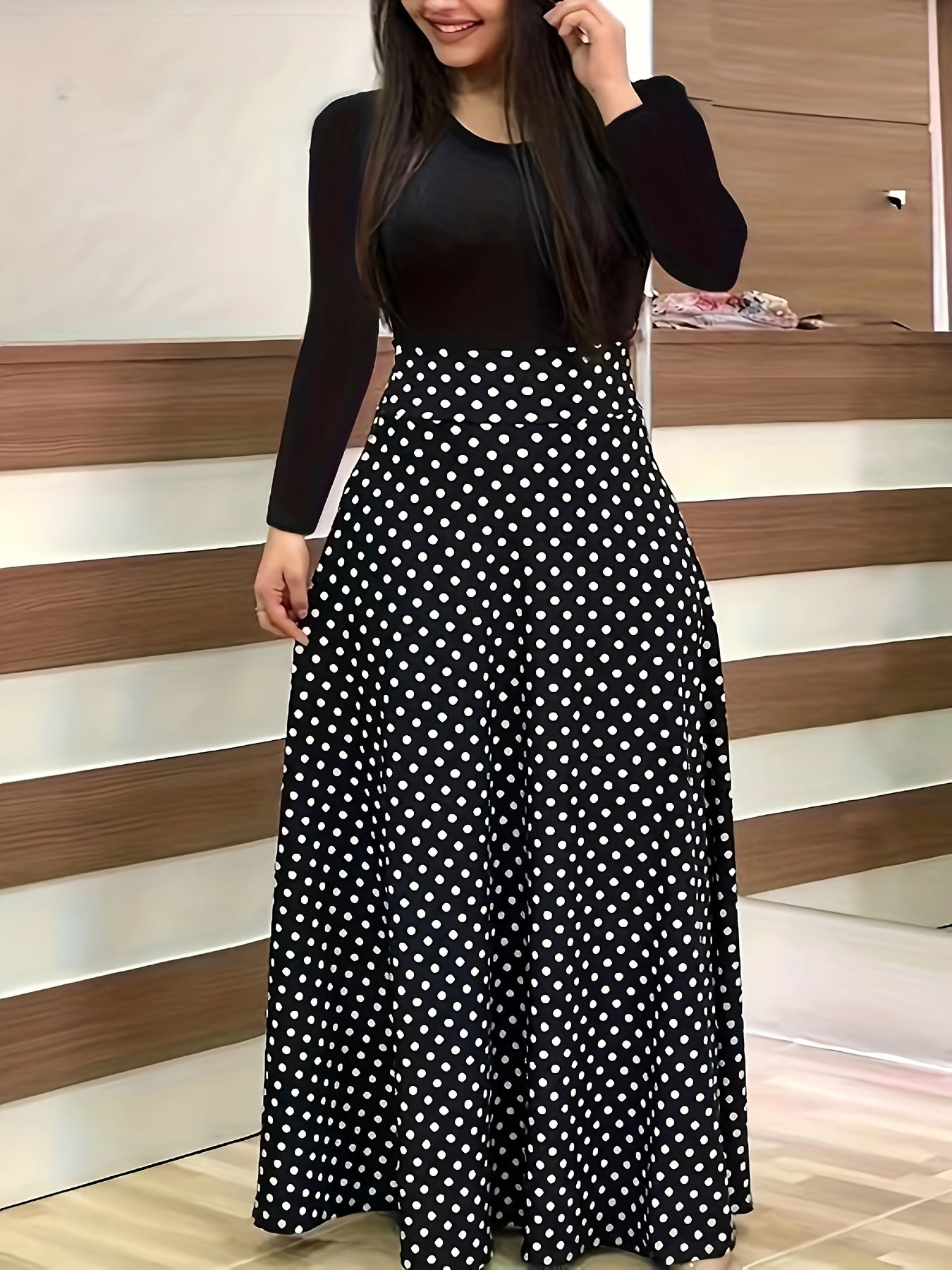 Colorblock Dot Print Maxi Dress