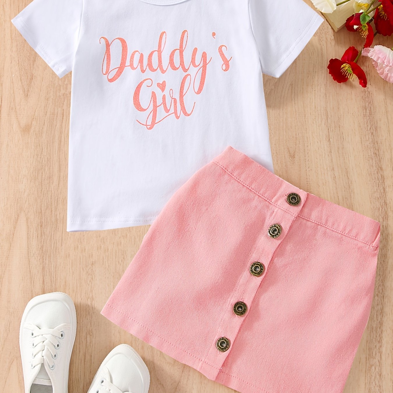 Toddler Baby Girls T Shirt Letter Print Round Neck Short Sleejsonves & Skirt Set