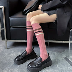 Colorblock Striped Calf Socks College Style All match Knee High Socks