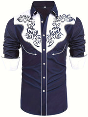 Embroidered Pattern Men's Shirt Top Turn Down Collar