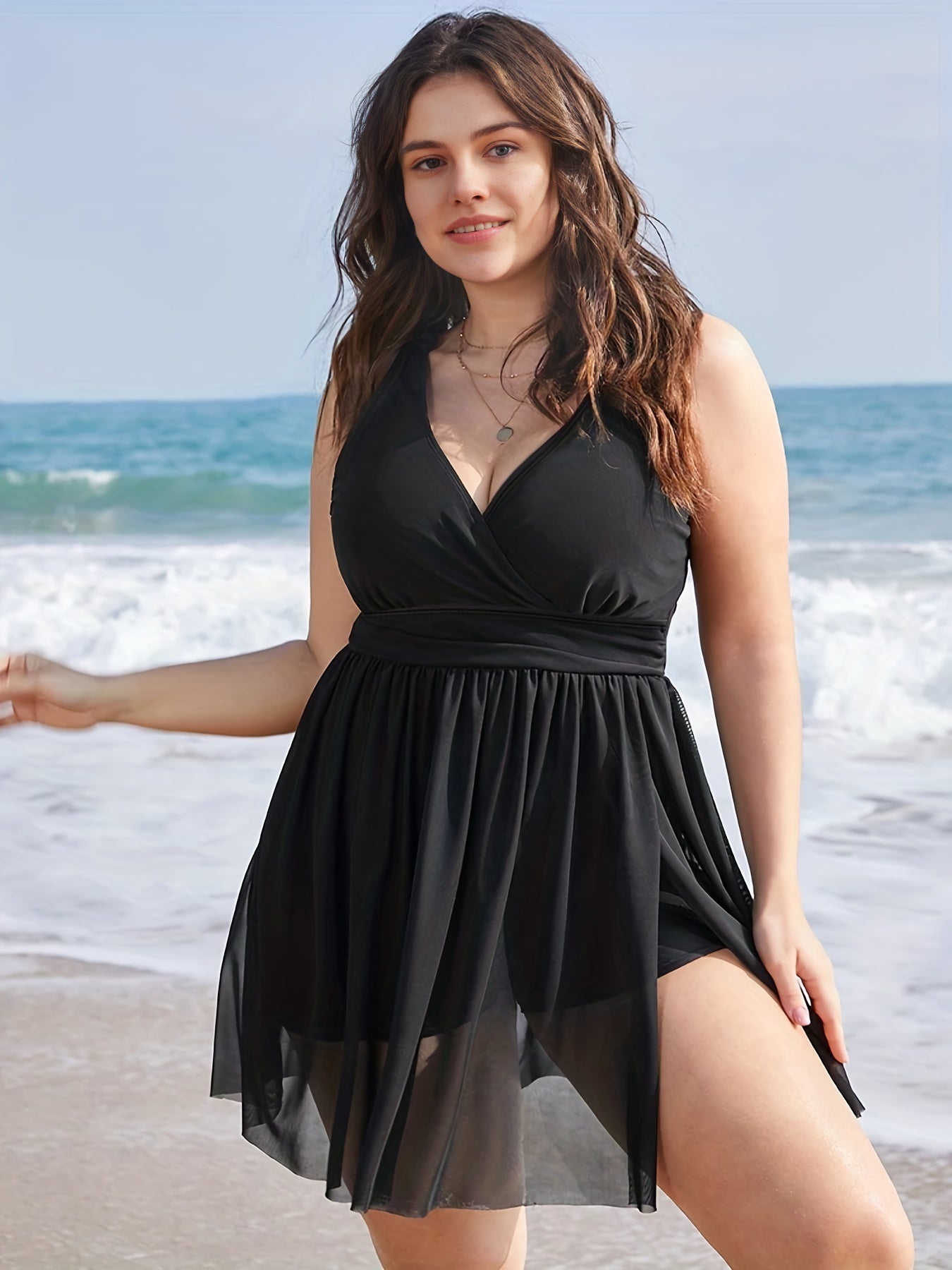 V-Neck Mesh Top & Shorts Swimsuit Two Piece Set