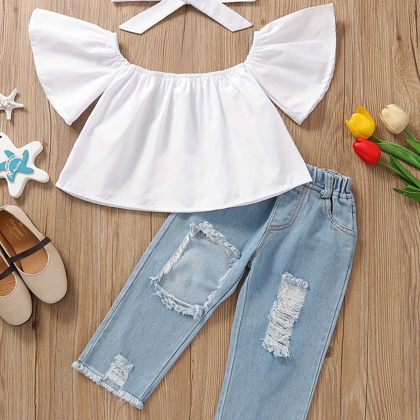 Girls Casual Top & Ripped Denim Pants Set