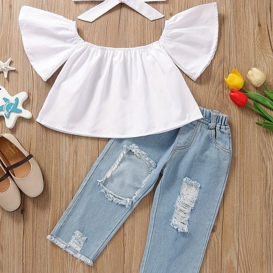 Girls Casual Top & Ripped Denim Pants Set