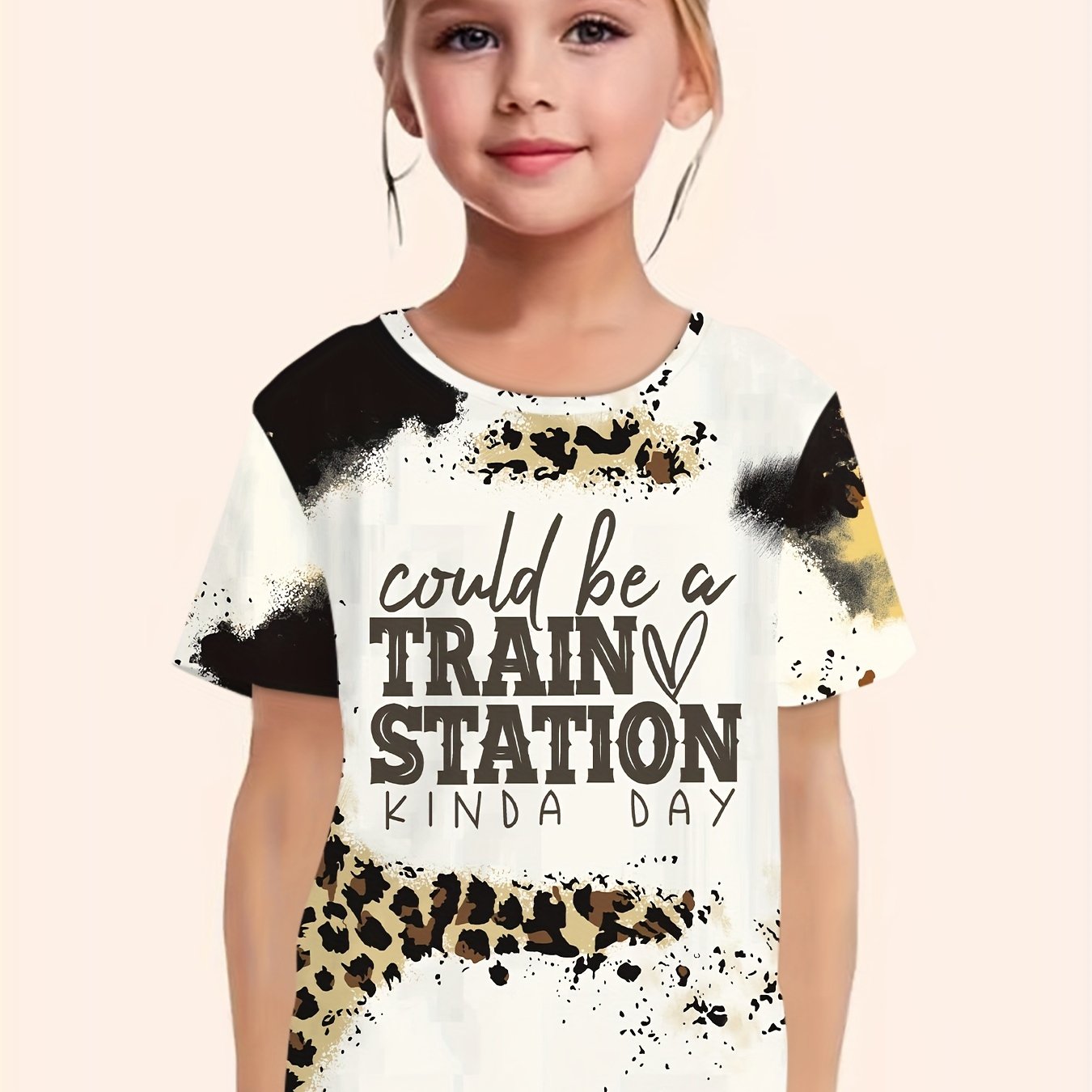 Train Station Print Short Sleeve T-shirt for Girls
