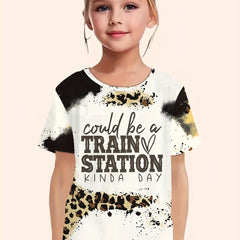 Train Station Print Short Sleeve T-shirt for Girls