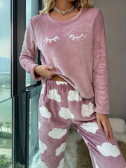 Eyelash & Cloud Print Pajamas Set Long Sleeve Top & Pants Women's Sleepwear
