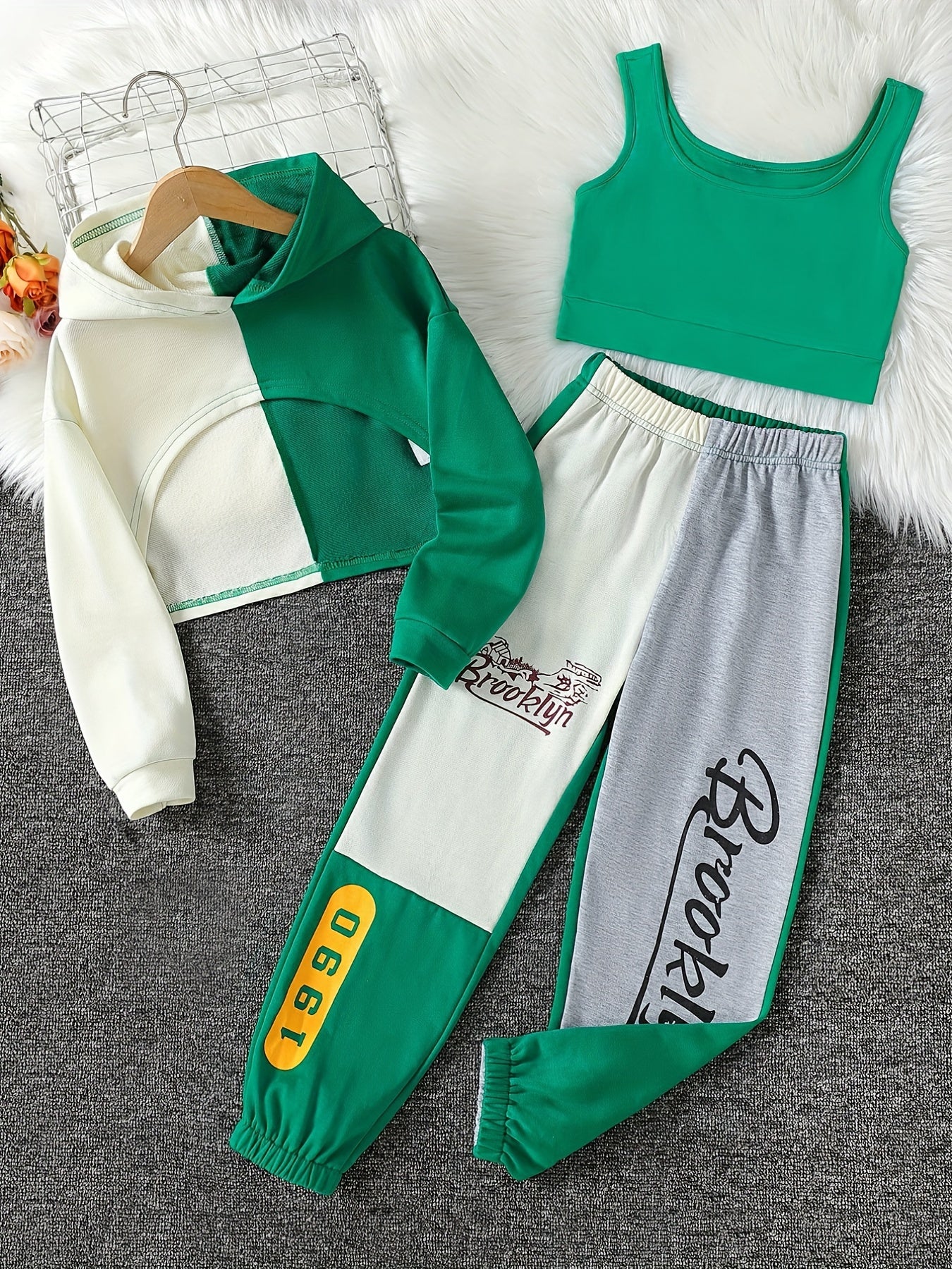 Girl's Hip Hop 3pc Outfit Set: Crop Hoodie, Tank Top, Sweatpants