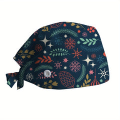 Cartoon Leaf Print Nurse Hat Adjustable Lightweight Scrub Cap