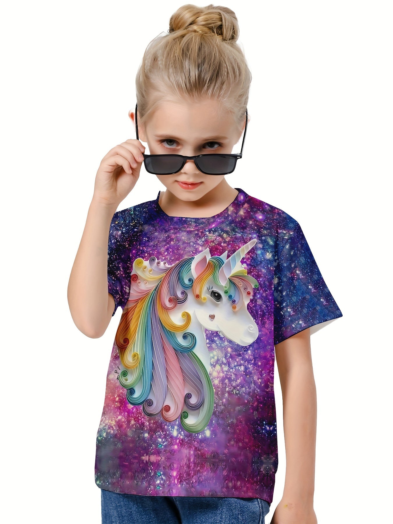 3D Starry Sky & Unicorn Graphic Short Sleeve T-shirt For Girls