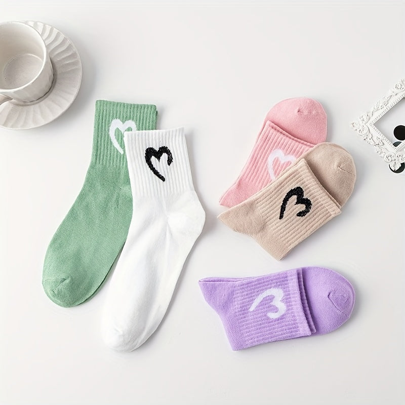 5 Pairs Heart Print Socks Comfy & Breathable Women's Stockings & Hosiery