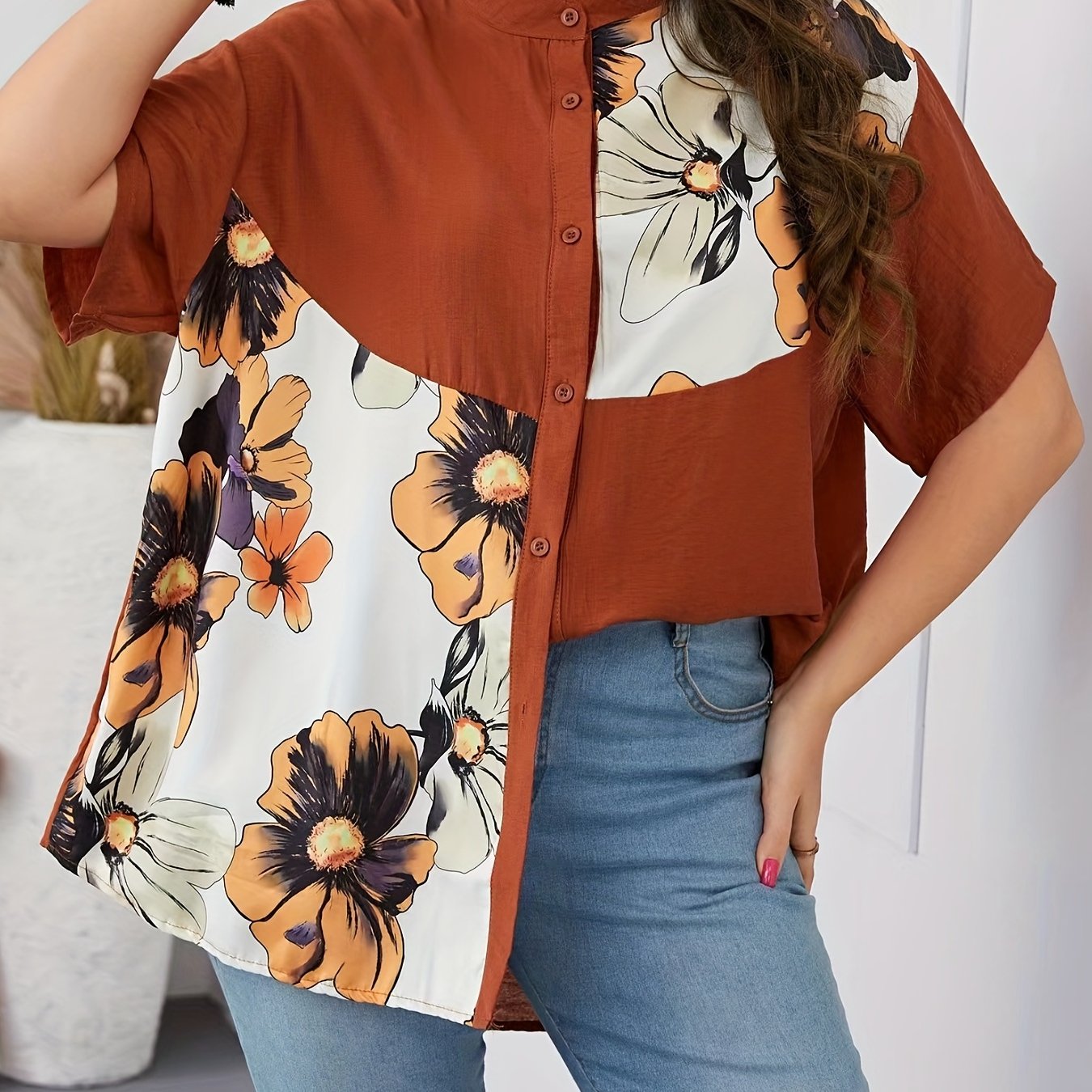 Colorblock Floral Print Button Up Blouse