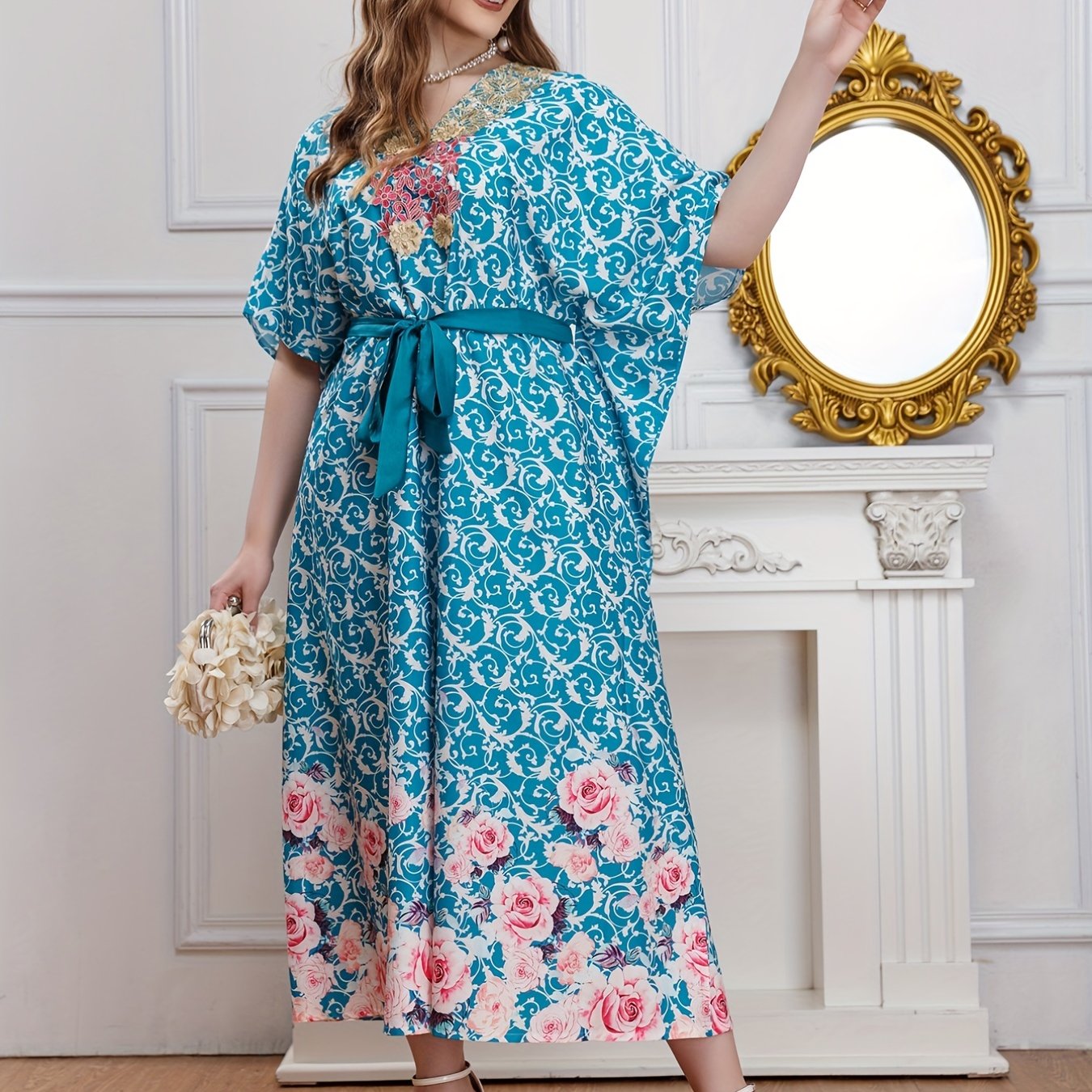 Baroque & Floral Print V-Neck Maxi Dress