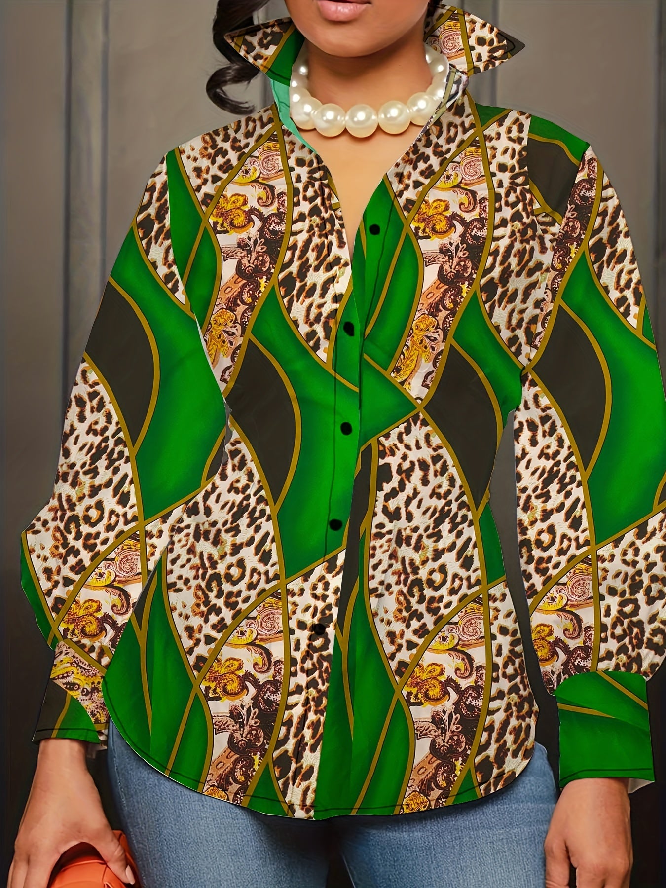 Solid Button Up Lantern Sleeve Blouse