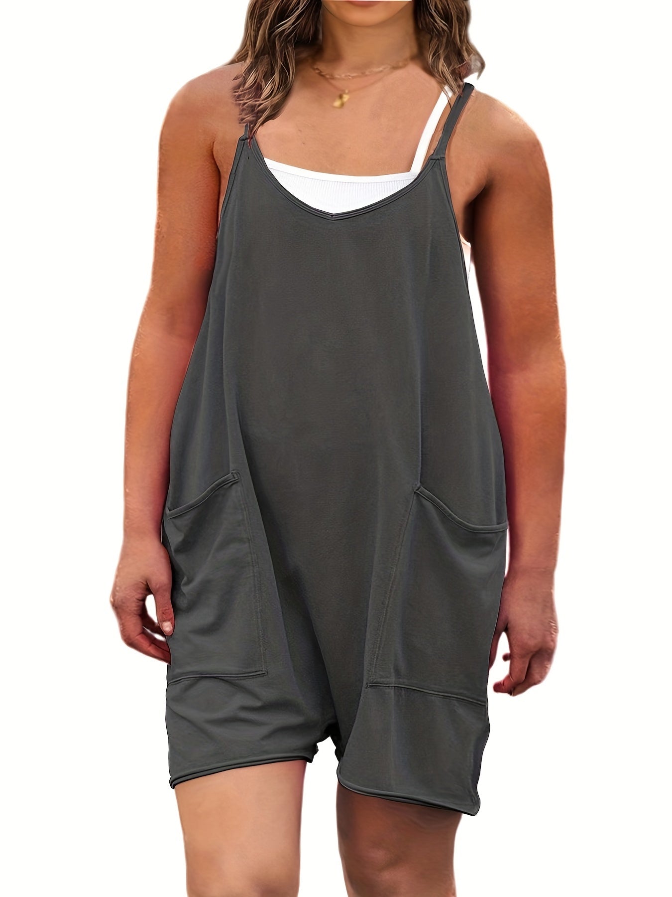 Solid V Neck Cami Romper With Pockets