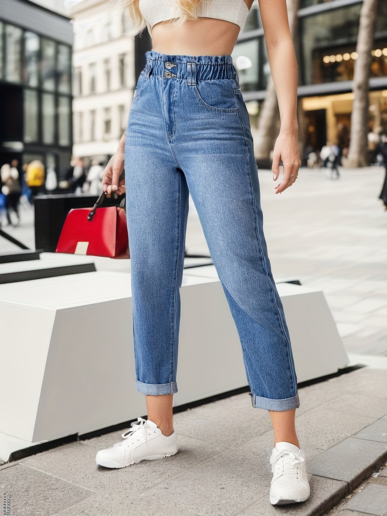 Mom Jeans Double Button Slash Pockets Denim Pants