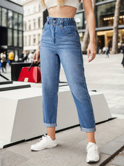 Mom Jeans Double Button Slash Pockets Denim Pants