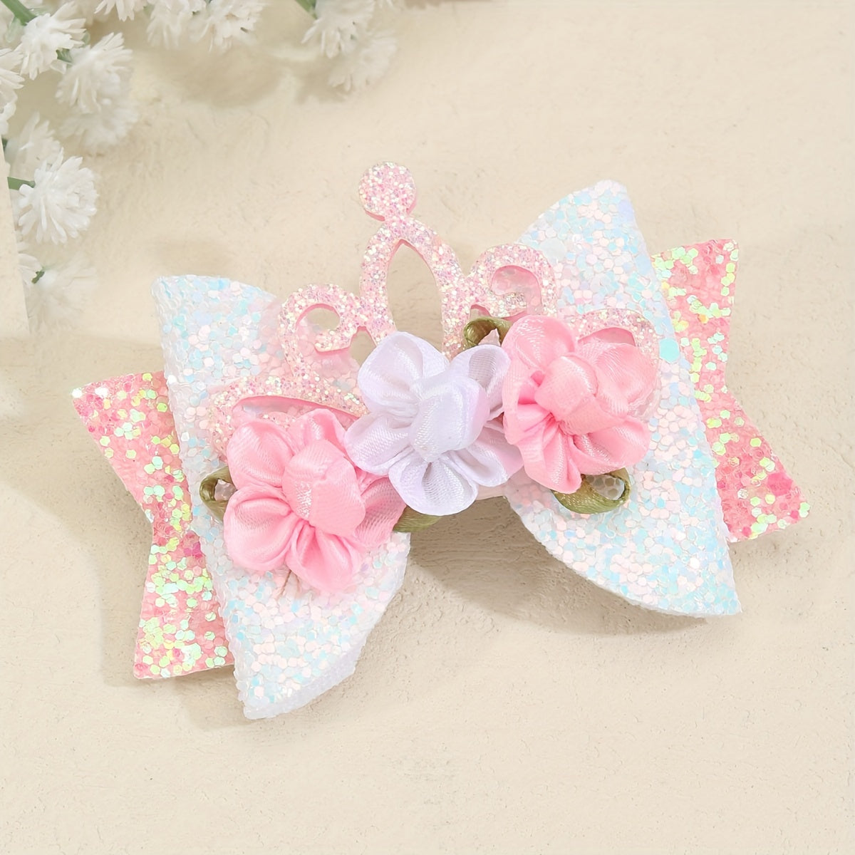 Pink Glitter Crown Bow Flowers Hair Clips for Baby Girls