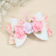 Pink Glitter Crown Bow Flowers Hair Clips for Baby Girls