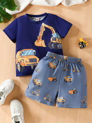 2pcs Toddler Boys Excavator Graphic T-Shirts & Shorts Set