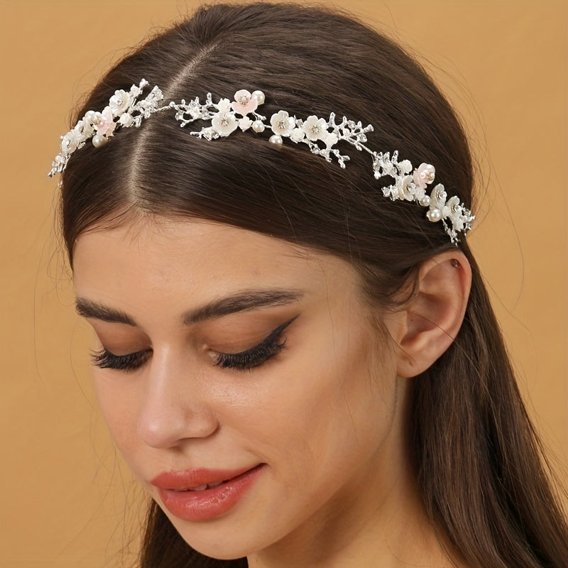 Faux Pearl Flower Hairband Tiara Rhinestone Bridal Headpiece