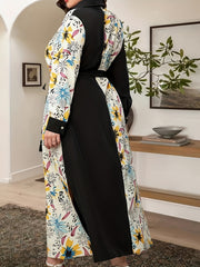 Boho Dress Women's Plus Colorblock Floral Print Maxi Shirt Dress