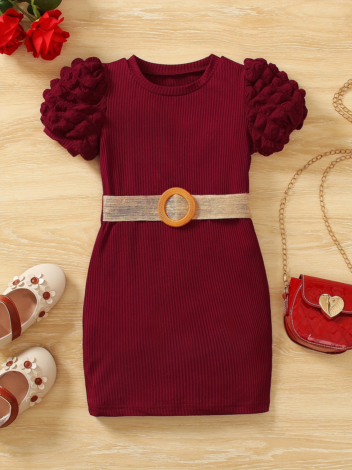 Toddler Girls Puff Sleeve Ribbed Knit Dress for Party