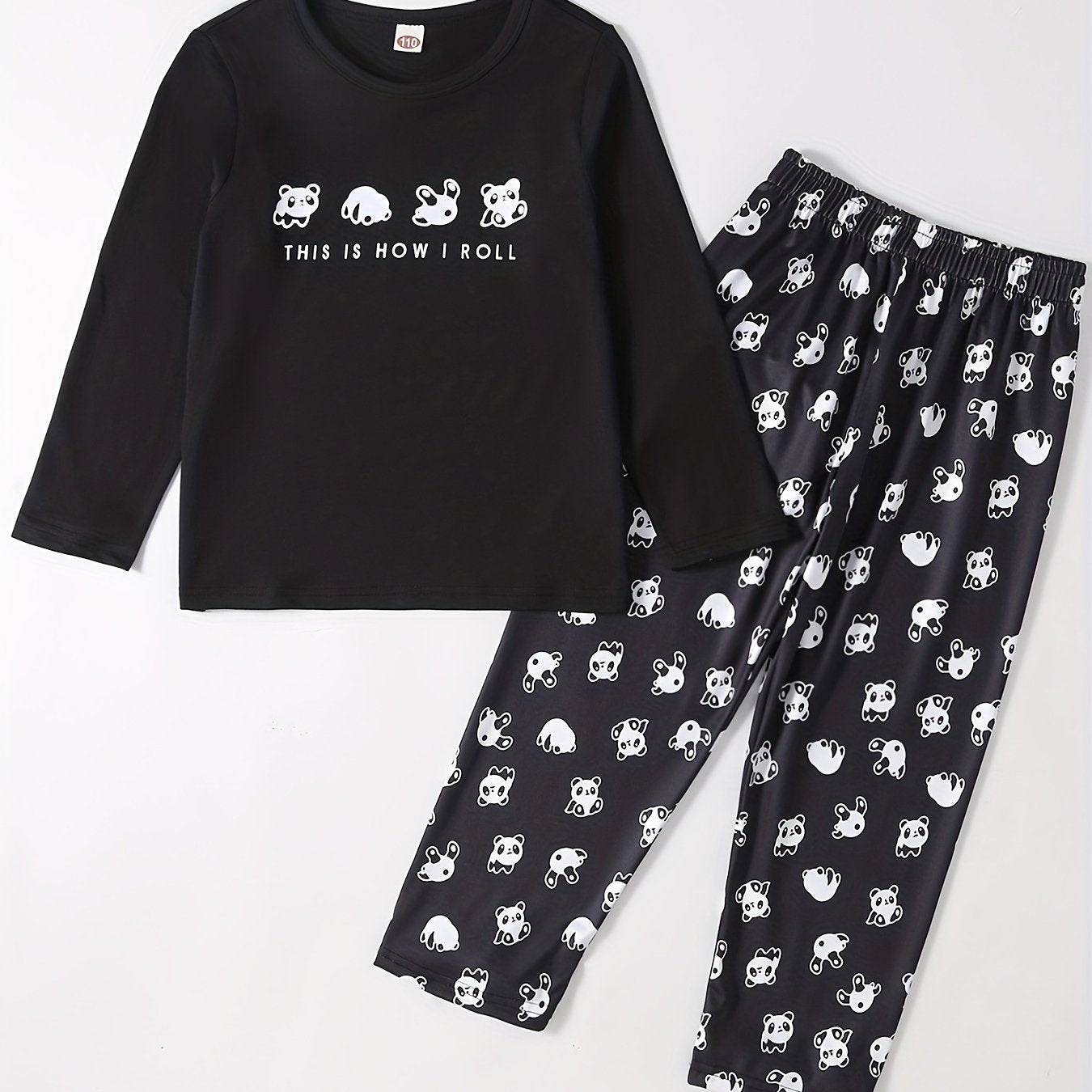 Boys Rolling Panda Cartoon Long Sleeve Pajama Set