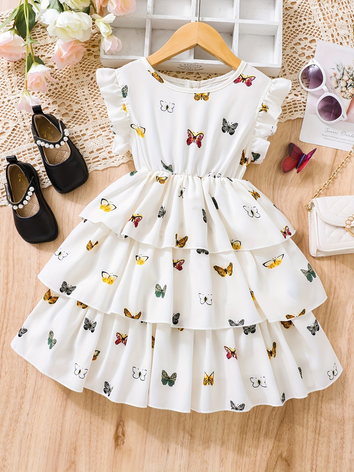 Girls Flutter Sleeve Butterfly Print A Line Tiered Casual Dress