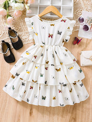 Girls Flutter Sleeve Butterfly Print A Line Tiered Casual Dress