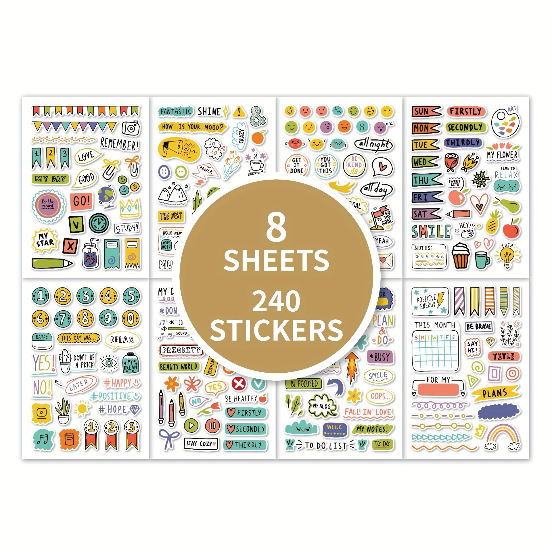 8 Sheets Hand Drawn Planner Stickers Set for Office, School, and Home Use