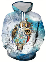 Colorful Owl Print Hoodies For Men Graphic Hoodie Comfy Loose Pullover