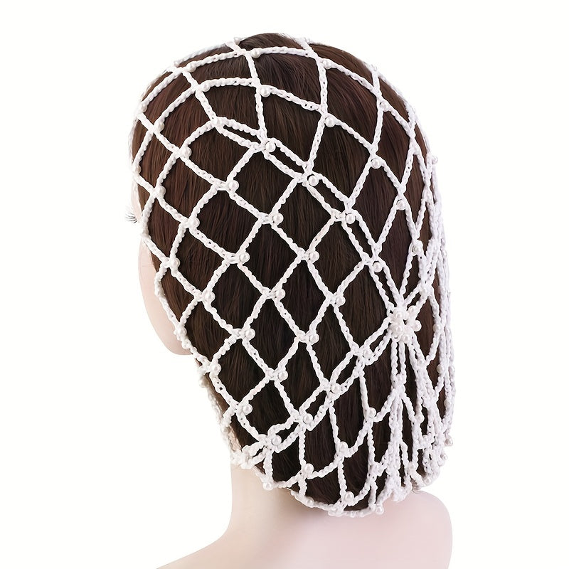 Rayon Hair Net Beaded Faux Pearl Crochet Beanie Women Elastic Snood