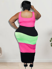 Colorblock Strip Tank Dress Women's Plus Casual Round Neck High Stretc