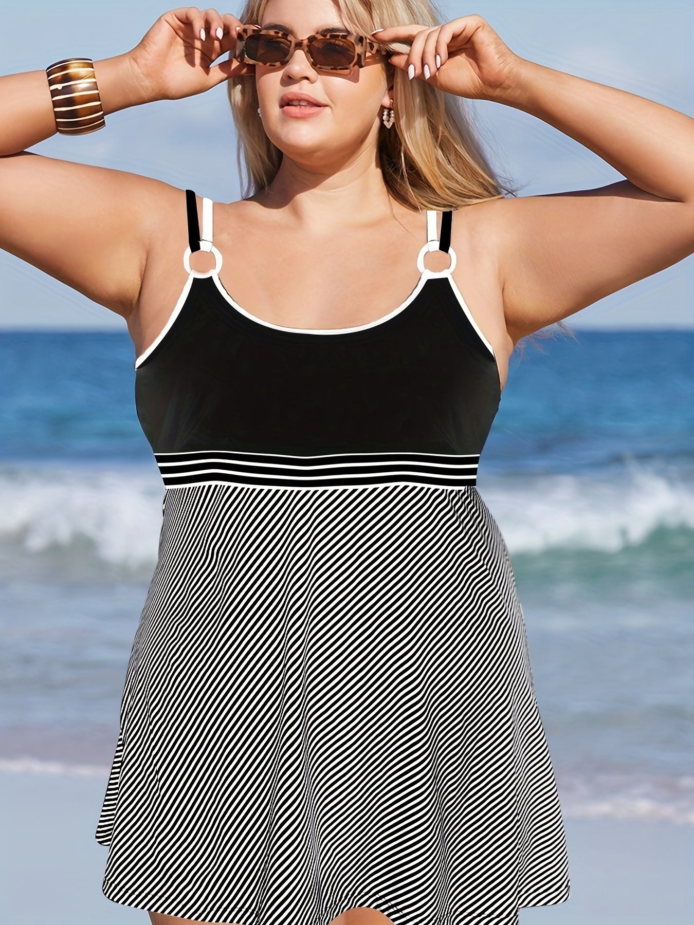 Colorblock Stripe Tankini Set with Skirt Brief