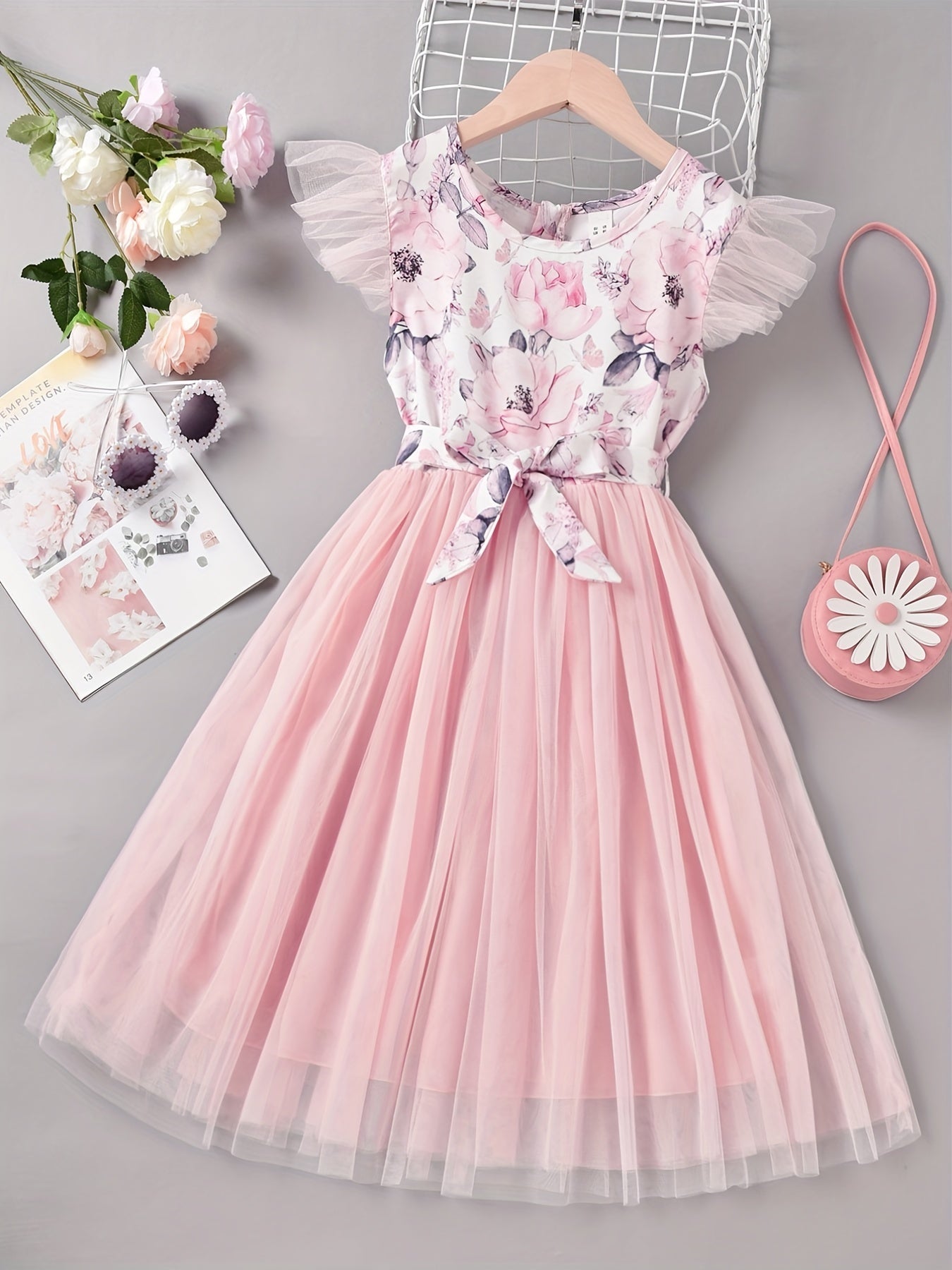 Girls Mesh Overlay Belted Princess Dress for Party Beach Vacation