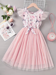Girls Mesh Overlay Belted Princess Dress for Party Beach Vacation