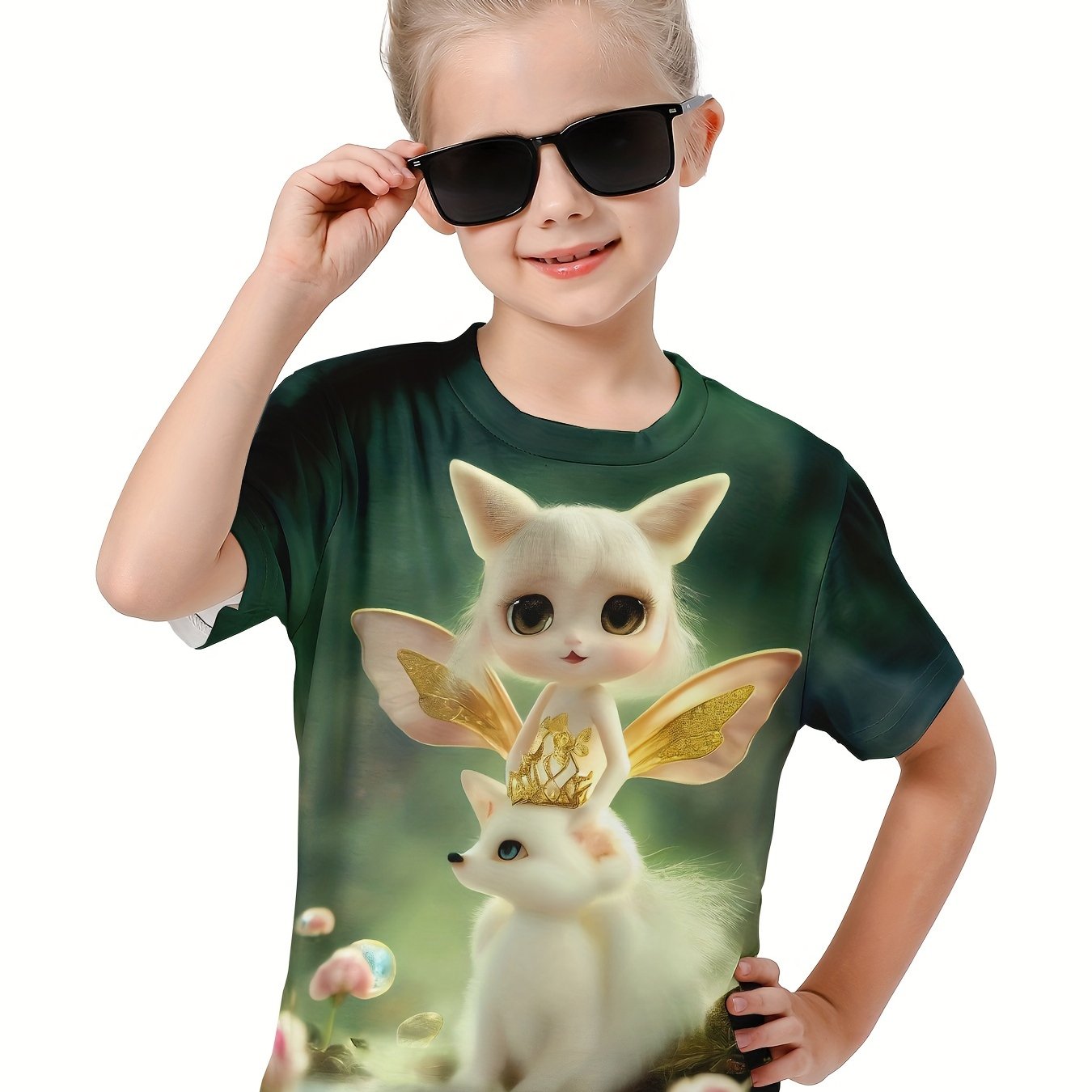 Girls 3D Cartoon Fox Wings Graphic Short Sleeve T-shirt Top For Summer Sports