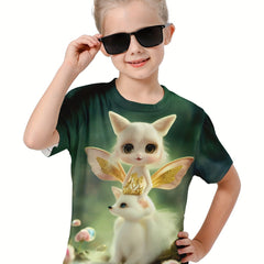 Girls 3D Cartoon Fox Wings Graphic Short Sleeve T-shirt Top For Summer Sports