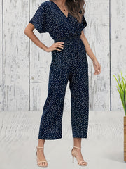 Pin Dot Print Cropped Jumpsuit Casual V Neck Short Sleeve Wide Leg Jumpsuit